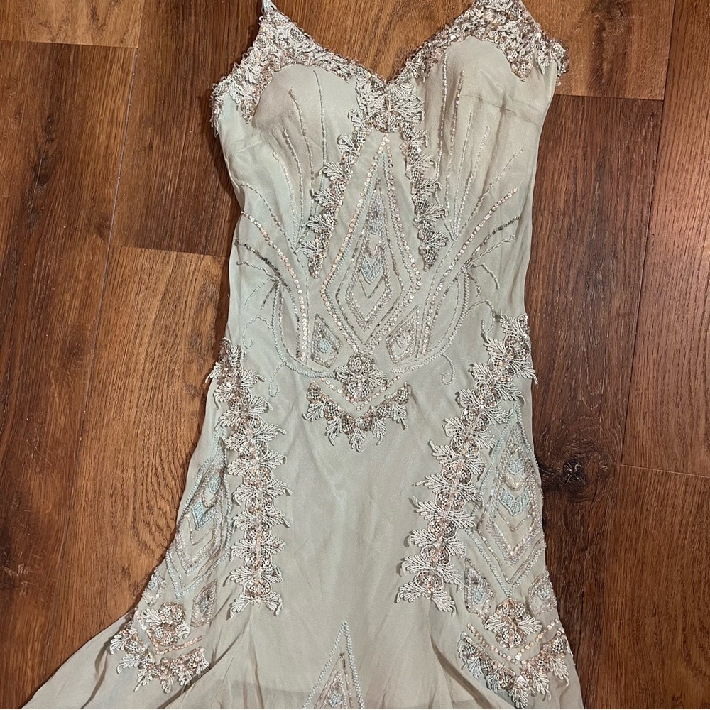 Vintage Green 100% Silk Beaded Dress Vintage Silk Dress Fairy Sue Wong Prom - Picture 12 of 17